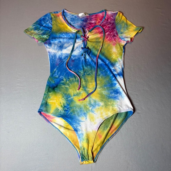 La Gypsy Tops - LA Gypsy Womens Tie Dye Lace Up Front Bodysuit Blue Yellow Pink Size Medium